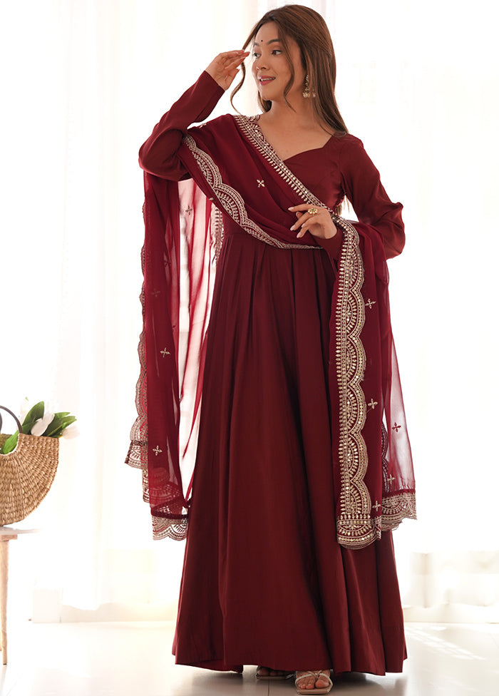 3 Pc Maroon Pure Readymade Chanderi Suit Set