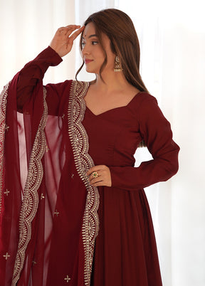 3 Pc Maroon Pure Readymade Chanderi Suit Set