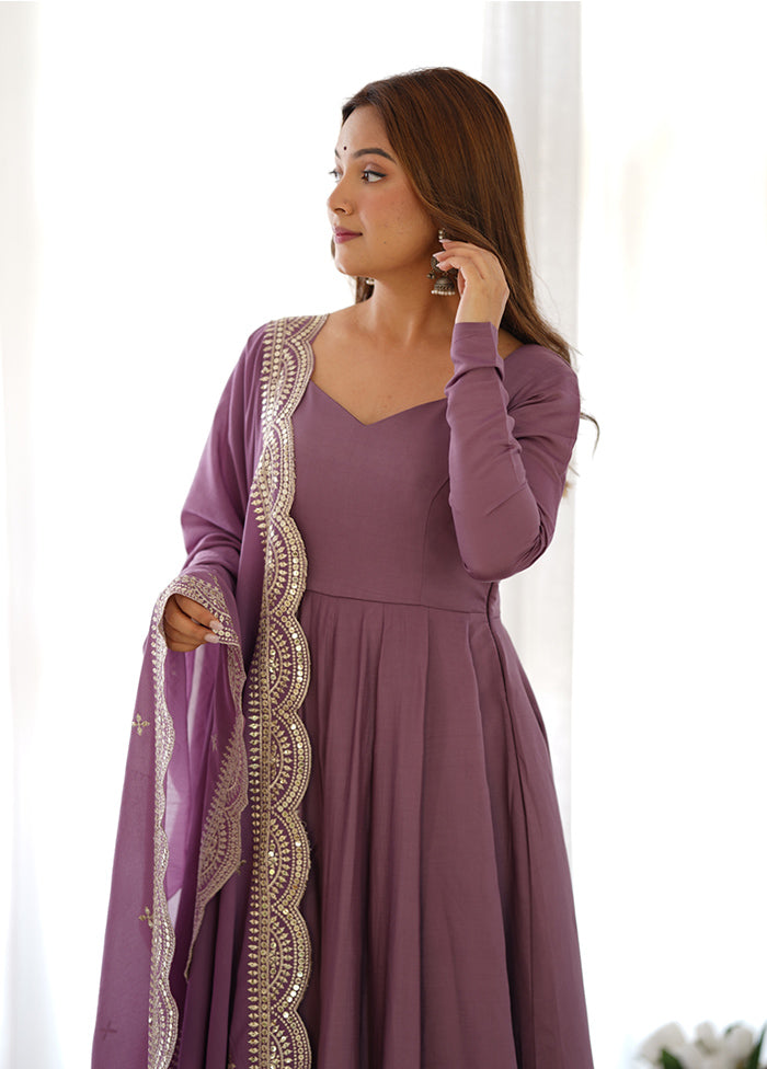 3 Pc Mauve Pure Readymade Chanderi Suit Set