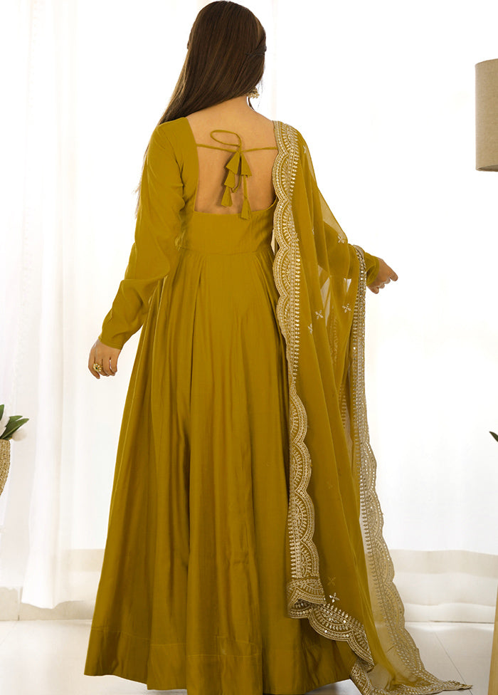 3 Pc Mustard Pure Readymade Chanderi Suit Set