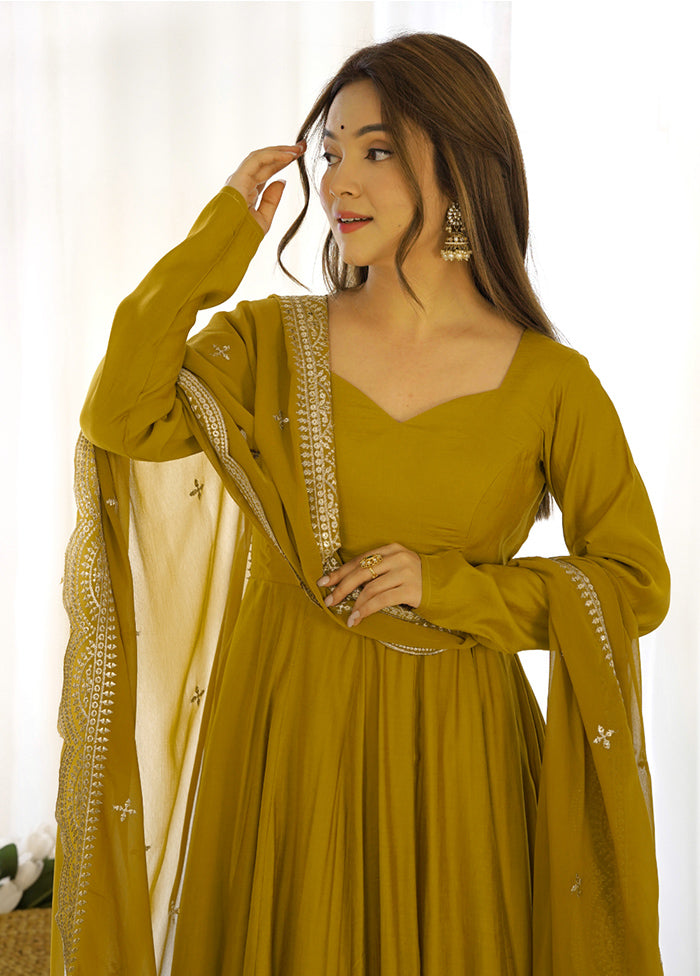 3 Pc Mustard Pure Readymade Chanderi Suit Set