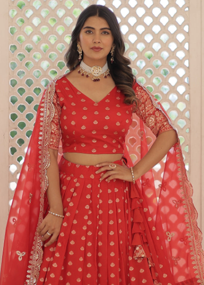 3 Pc Red Pure Viscose Semi Stitched Lehenga Set