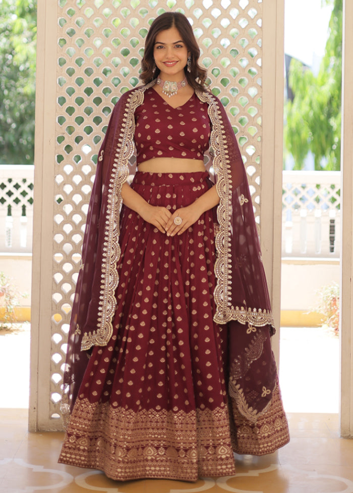 3 Pc Wine Pure Viscose Semi Stitched Lehenga Set