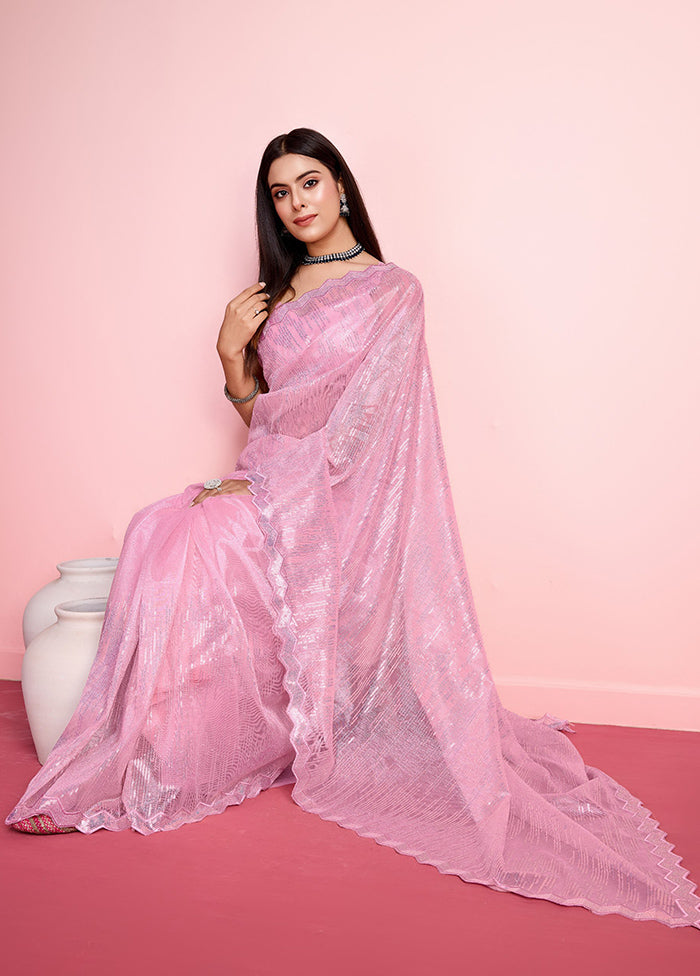 Pink Net Net Saree With Blouse Piece