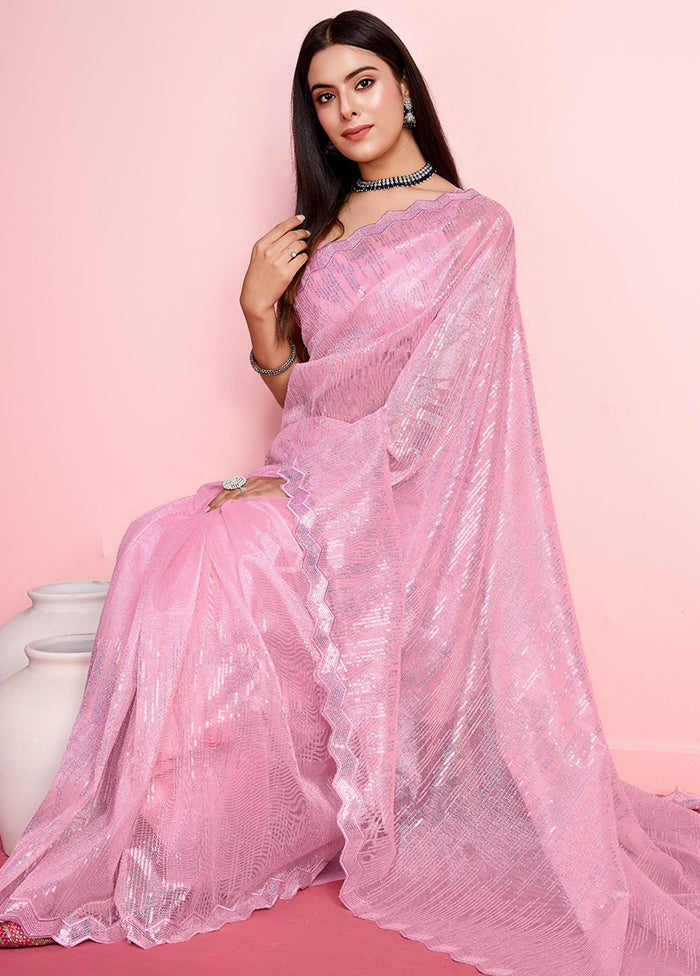 Pink Net Net Saree With Blouse Piece