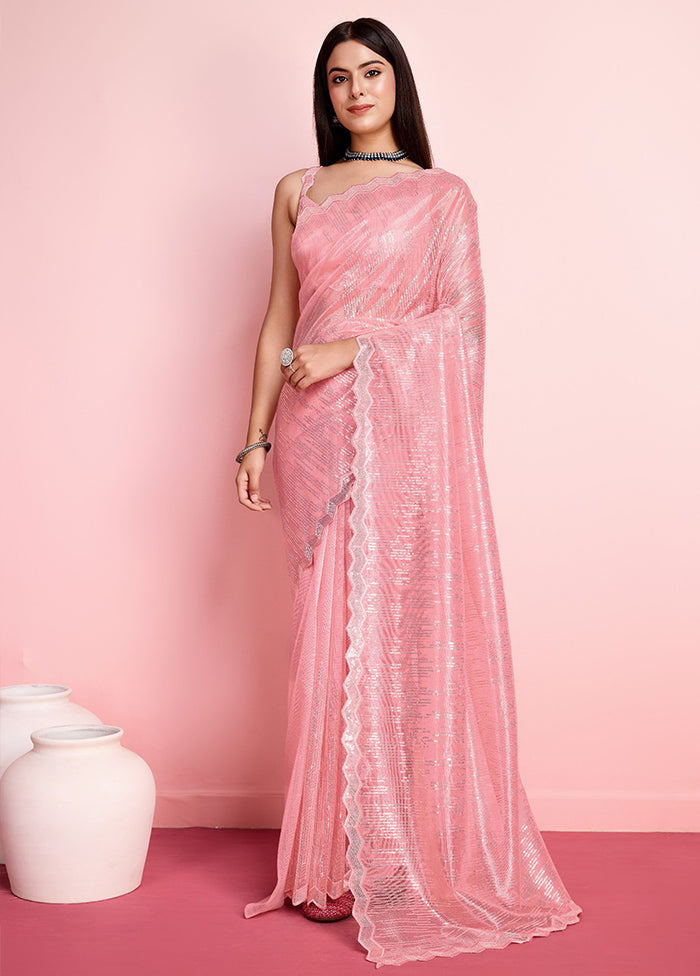 Baby Pink Net Saree With Blouse Piece