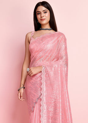 Baby Pink Net Net Saree With Blouse Piece