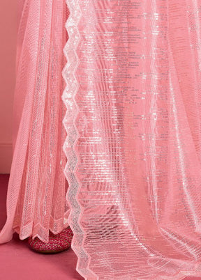 Baby Pink Net Saree With Blouse Piece