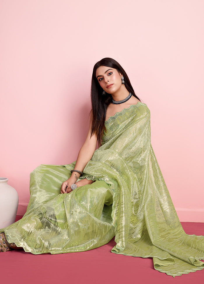 Green Net Net Saree With Blouse Piece