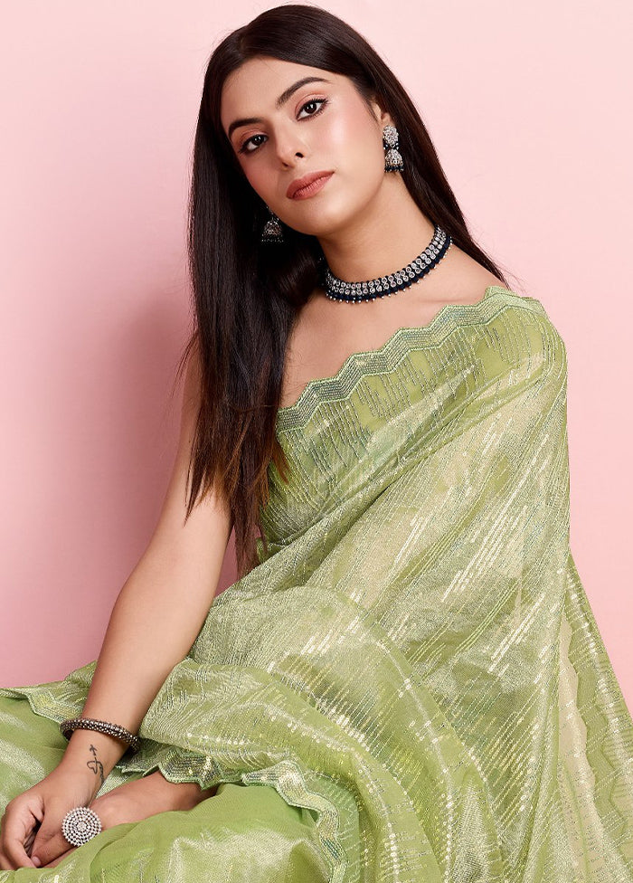 Green Net Net Saree With Blouse Piece