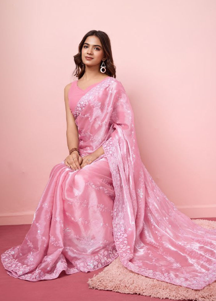 Pink Dupion Silk Saree With Blouse Piece