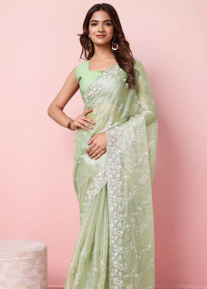 Pista Green Dupion Silk Saree With Blouse Piece