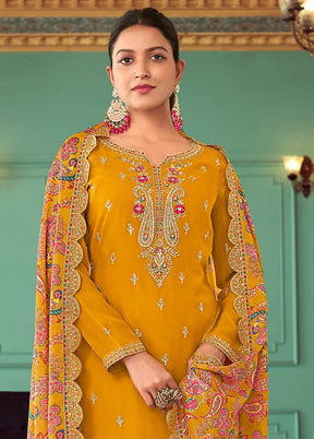 3 Pc Mustard Semi Stitched Georgette Suit Set