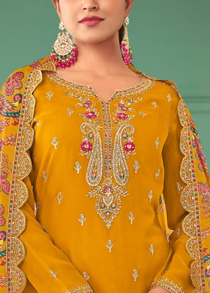 3 Pc Mustard Semi Stitched Georgette Suit Set