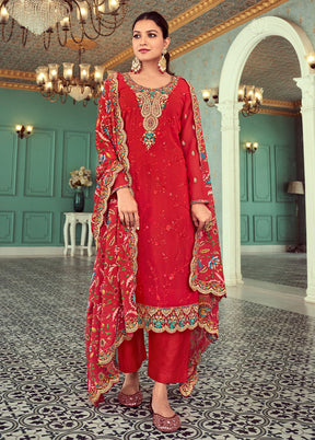 3 Pc Red Semi Stitched Georgette Suit Set