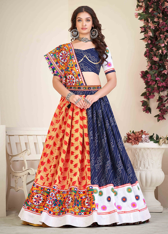 3 Pc Blue Cotton Semi Stitched Lehenga Set