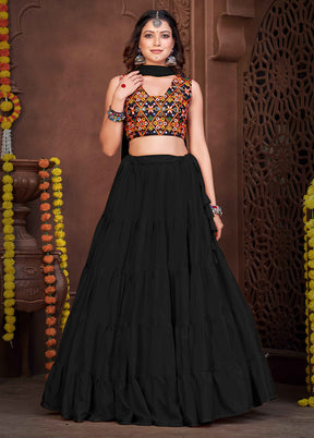 3 Pc Black Silk Semi Stitched Lehenga Set