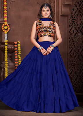 3 Pc Blue Semi Stitched Lehenga Set