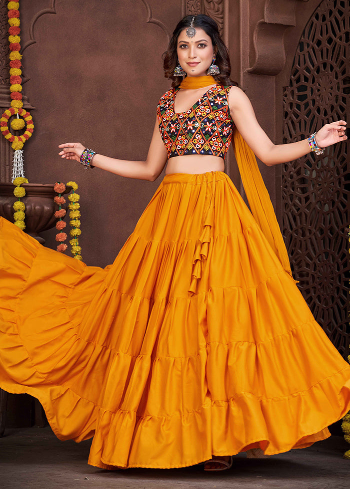 3 Pc Mustard Semi Stitched Lehenga Set