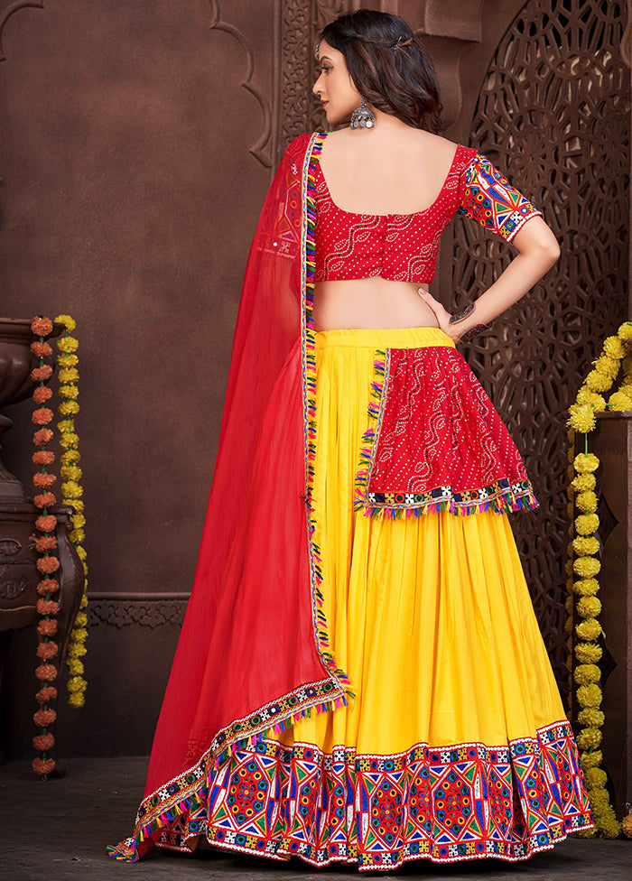 3 Pc Red & Yellow Georgette Semi Stitched Lehenga Set