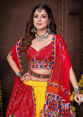 3 Pc Red & Yellow Georgette Semi Stitched Lehenga Set