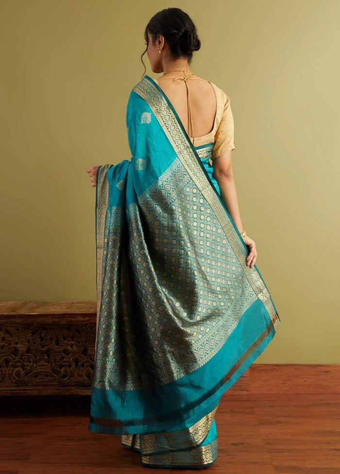 Sky Blue Banarasi Silk Saree With Blouse Piece