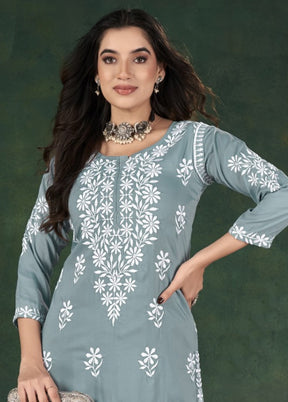 2 Pc Grey Readymade Silk Kurti Set