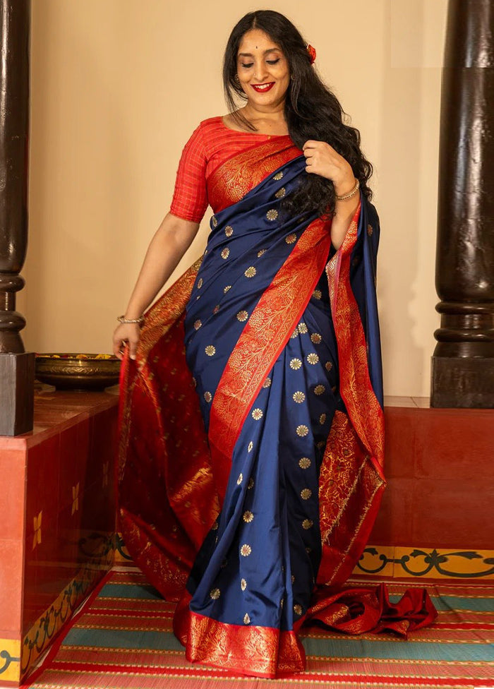 Navy Blue Banarasi Silk Saree With Blouse Piece