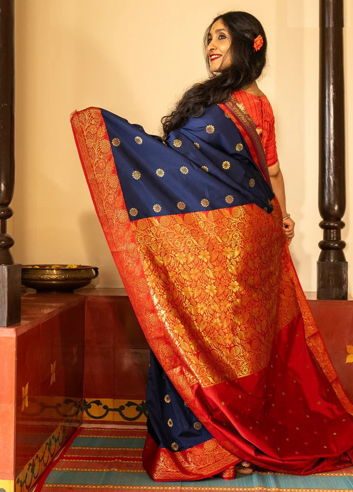 Navy Blue Banarasi Silk Saree With Blouse Piece