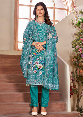 3 Pc Green Readymade Silk Dupatta Suit Set