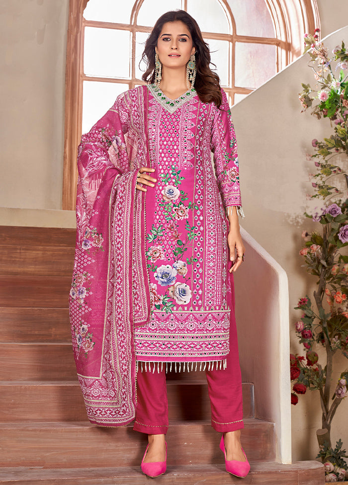 3 Pc Pink Readymade Silk Dupatta Suit Set