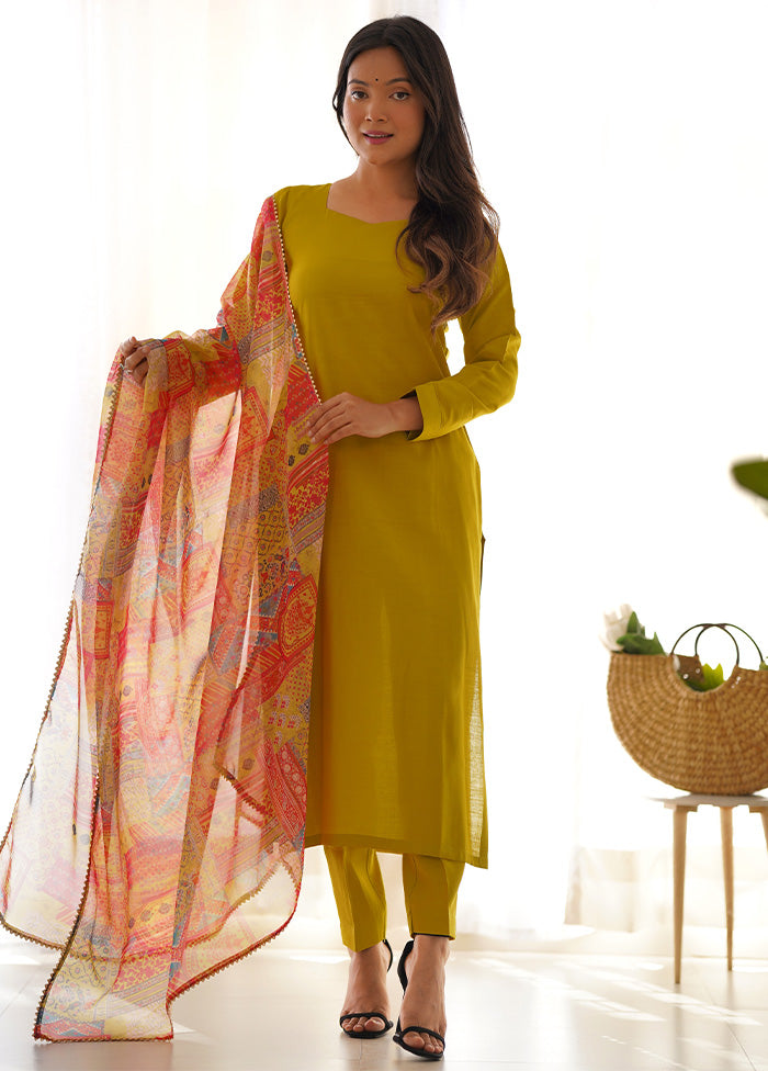 3 Pc Mustard Pure Readymade Viscose Suit Set