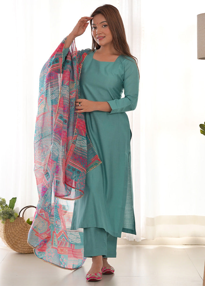 3 Pc Sea Green Pure Readymade Viscose Suit Set