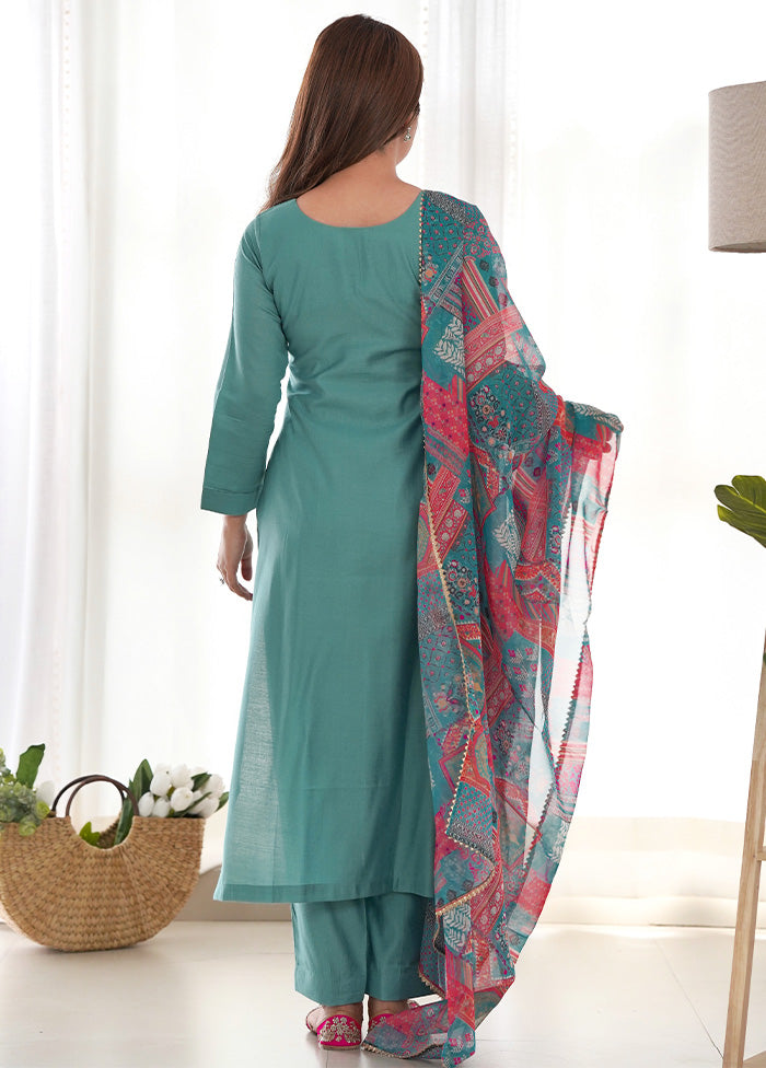 3 Pc Sea Green Pure Readymade Viscose Suit Set