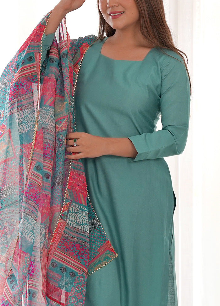 3 Pc Sea Green Pure Readymade Viscose Suit Set