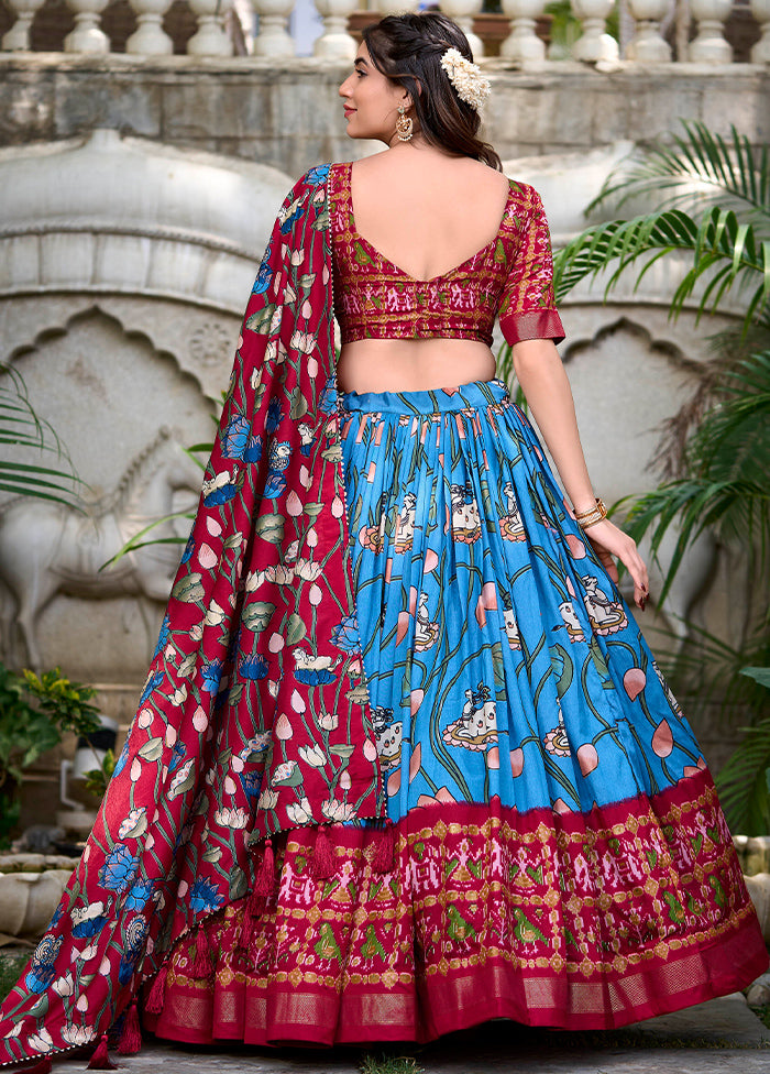 3 Pc Blue Silk Semi Stitched Lehenga Set