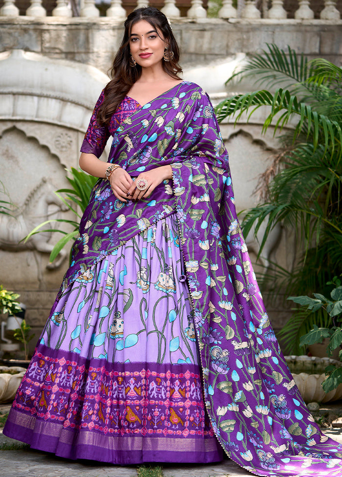 3 Pc Purple Silk Semi Stitched Lehenga Set