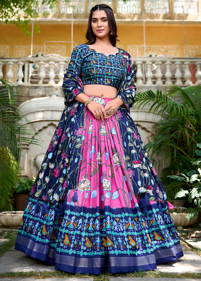 3 Pc Multicolor Silk Semi Stitched Lehenga Set