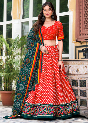 3 Pc Multicolor Silk Semi Stitched Lehenga Set