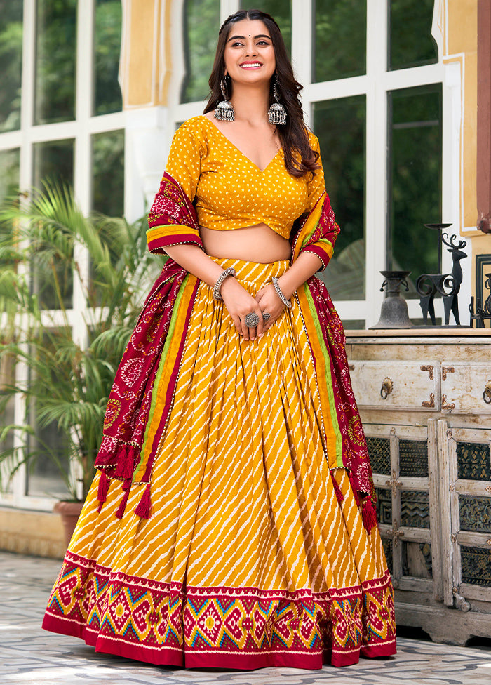 3 Pc Yellow Silk Semi Stitched Lehenga Set