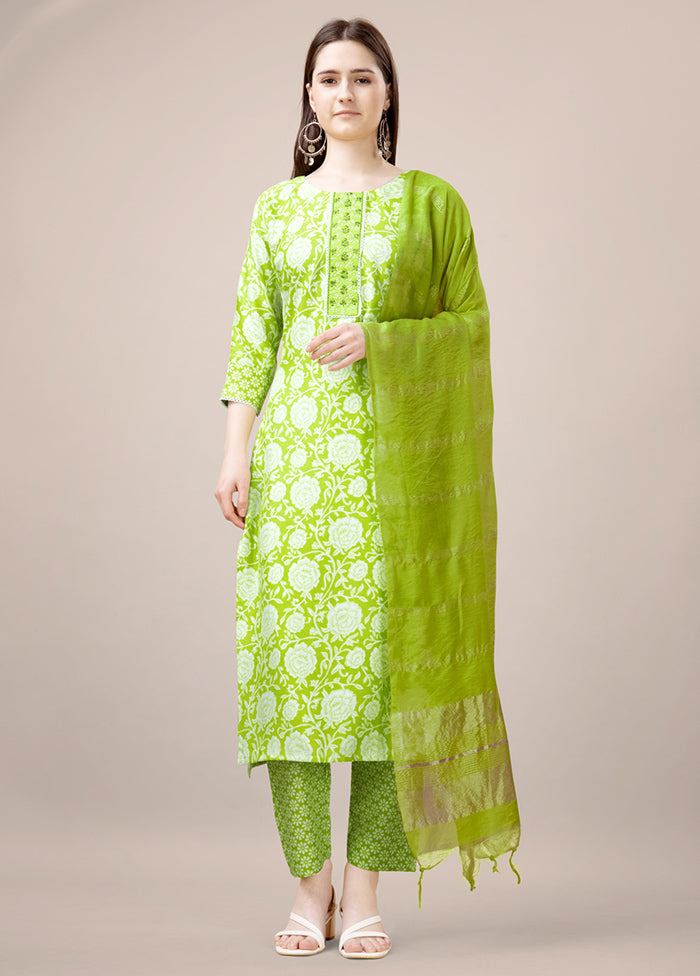 3 Pc Parrot Green Readymade Rayon Suit Set