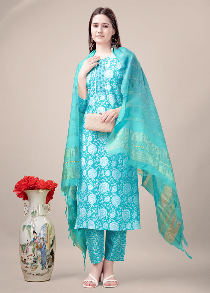 3 Pc Sky Blue Readymade Rayon Suit Set