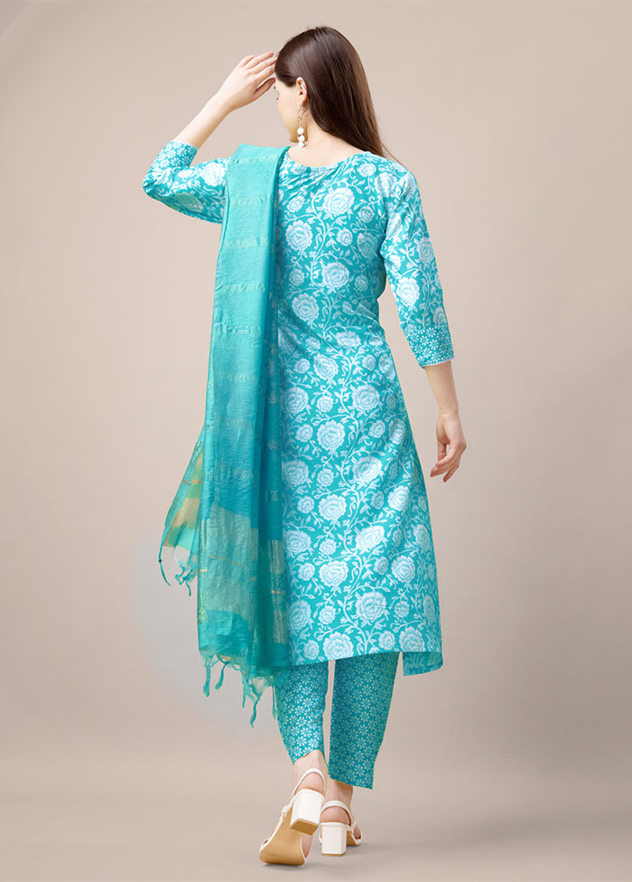 3 Pc Sky Blue Readymade Rayon Suit Set