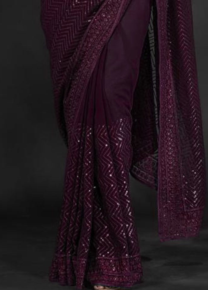 Wine Georgette Saree With Blouse Piece