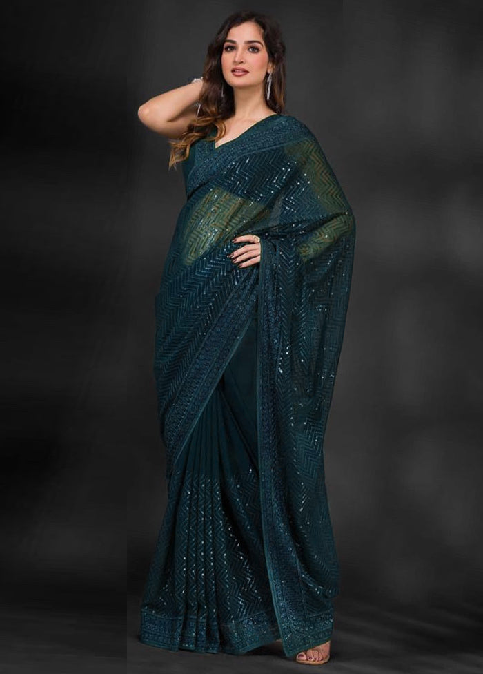 Teal Georgette Saree With Blouse Piece