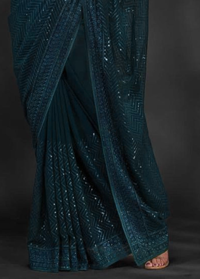 Teal Georgette Saree With Blouse Piece