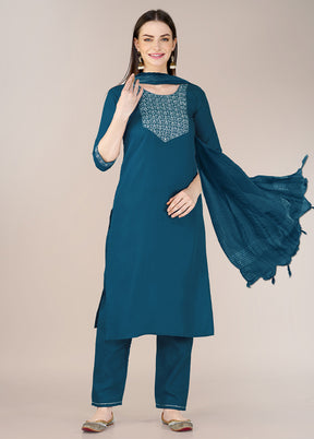 3 Pc Blue Readymade Cotton Suit Set