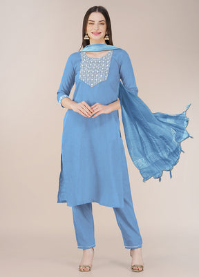 3 Pc Sky Blue Readymade Cotton Suit Set