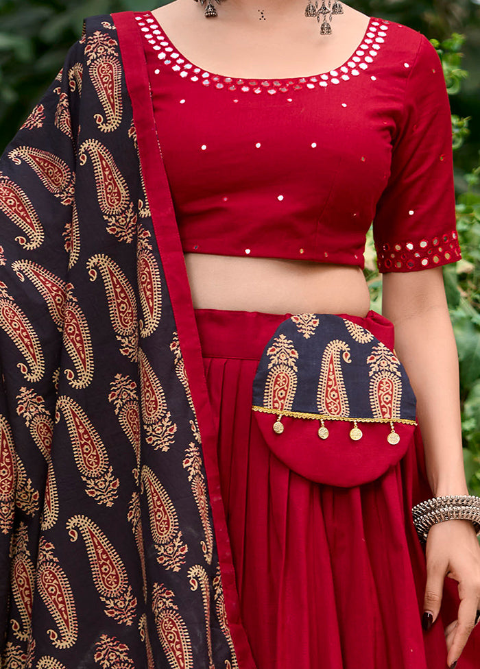 3 Pc Maroon Pure Cotton Semi Stitched Lehenga Set