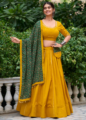 3 Pc Mustard Pure Cotton Semi Stitched Lehenga Set